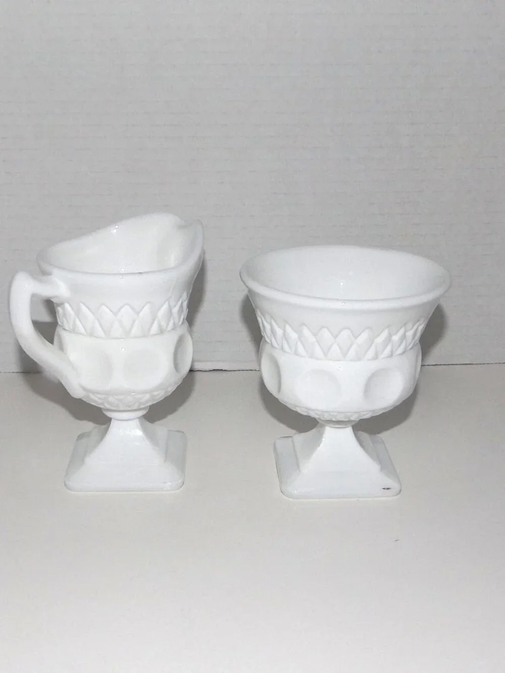 1957-58 McKee Plymouth Thumbprint White Milk Glass Creamer & Sugar Bowl